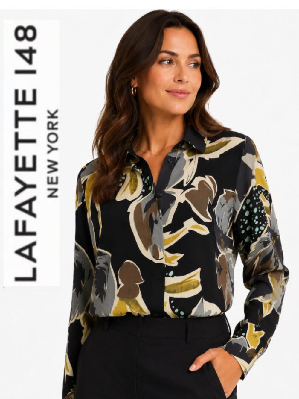 Lafayette 148 Silk Floral Button-Up Blouse Black Olive Taupe Size Large